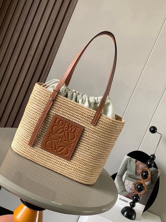 Loewe Basket Raffia Leather Handbag 8001 Brown