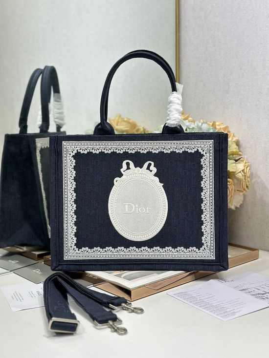 Christian Dior Book Tote Black Blue Medium 1286