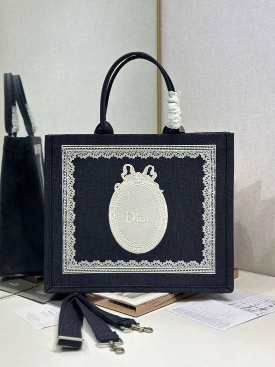 Christian Dior Book Tote Dark Blue Striped 1286