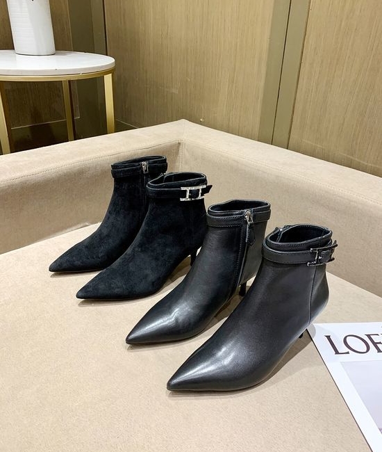 Hermes Genuine Leather Pointed Toe Low Heel Dress Ankle Boots