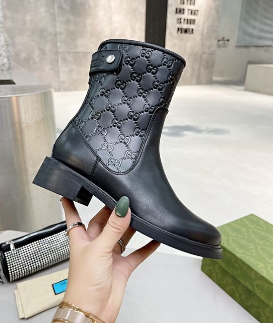 Gucci Large Embossed Leather Ankle Boots Premium Durable Fashion Boots