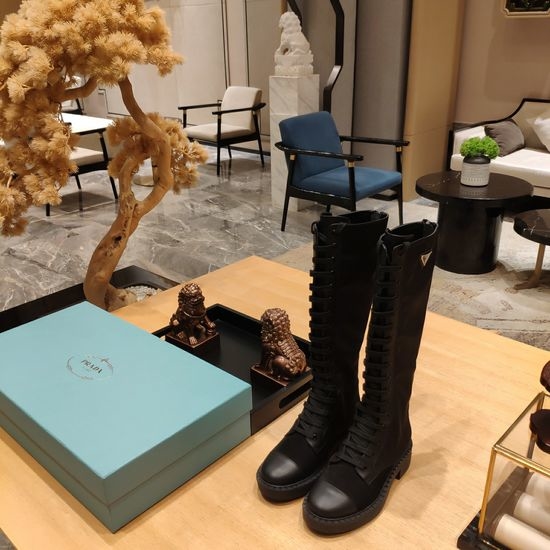 Prada Lace-up Knee-high Boots Comfortable Stretchy Fashion