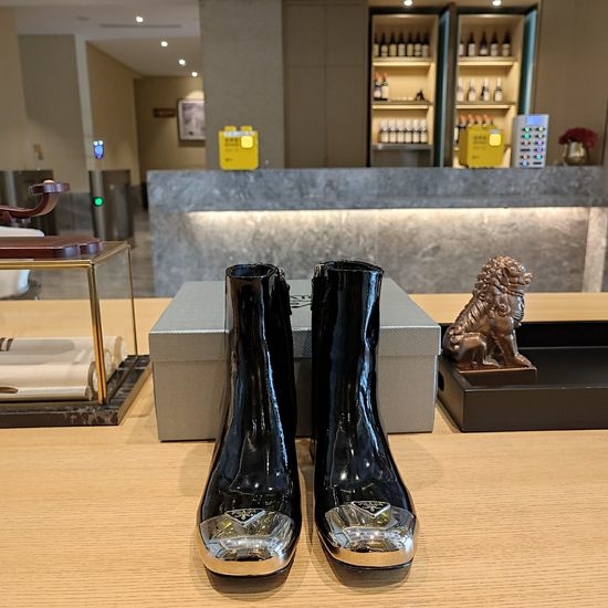Prada Metal Toe Chunky Heel Comfortable Leather Boots