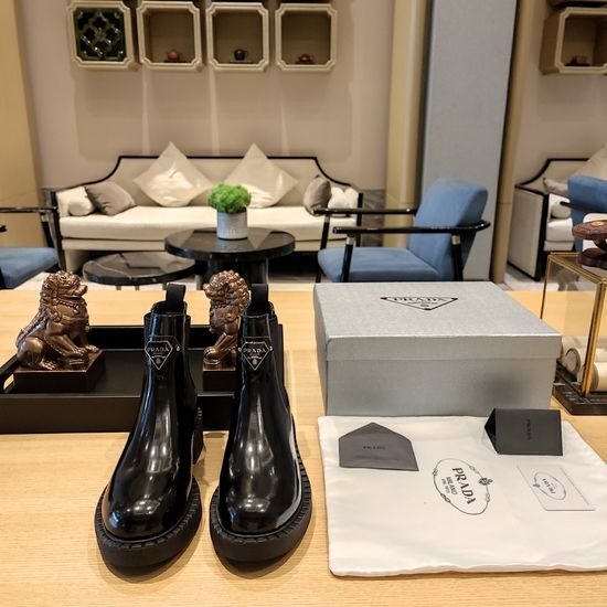 Prada Premium Leather Boots with Metal Decor Comfortable Sole