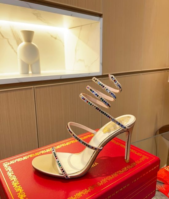 Rene Caovilla Multicolor Crystal Strappy Stiletto Satin Heeled Sandals
