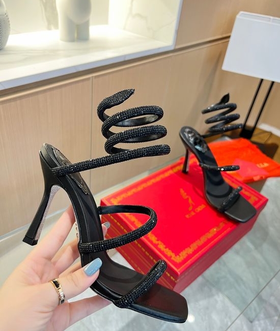 Rene Caovilla Rhinestone Ankle Wrap Block Heel Satin Sandals