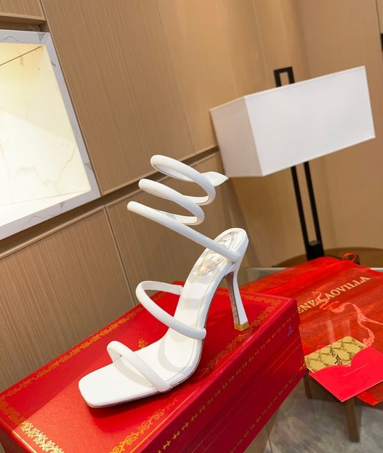 Rene Caovilla Elegant Satin Ankle Wrap Heeled Sandals with Shiny Sole