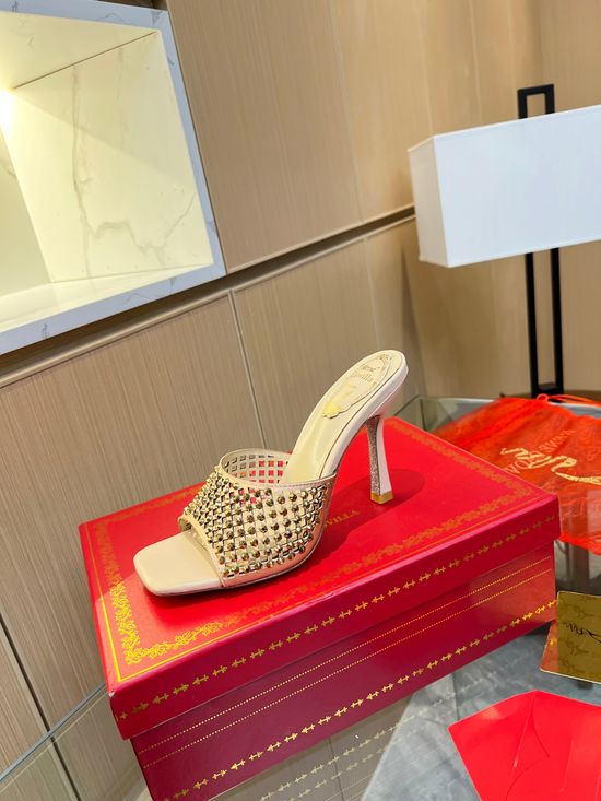 Rene Caovilla Classy Rhinestone Decorated Heeled Slides Soft Lining Elegant Daily Wear Shoes