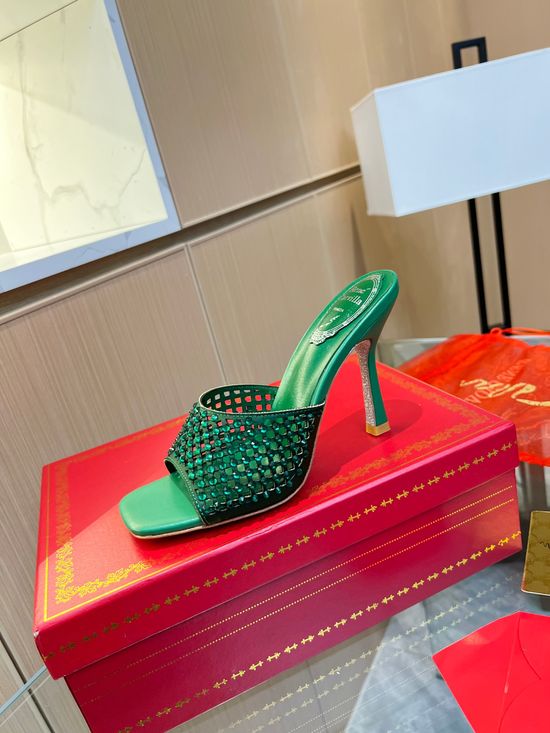 Rene Caovilla Classy Rhinestone Decorated Heeled Slides Soft Lining Elegant Daily Wear Shoes