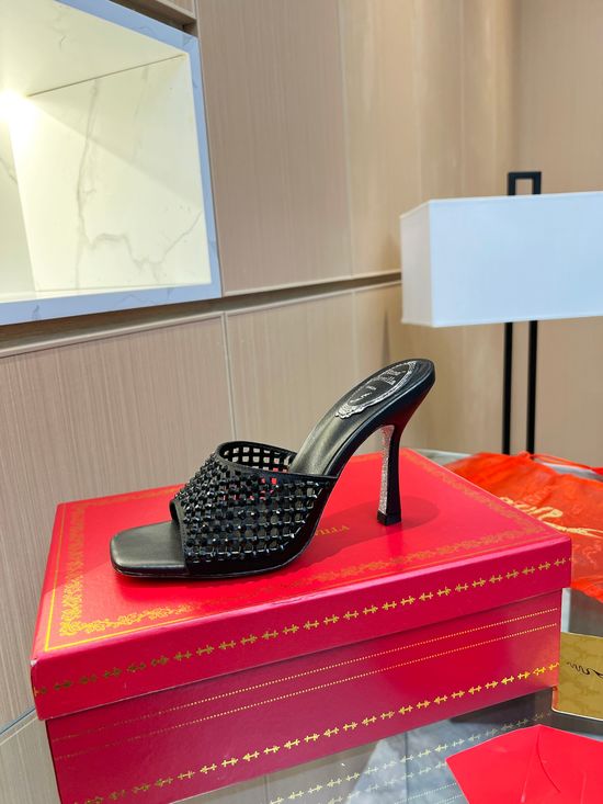 Rene Caovilla Classy Rhinestone Decorated Heeled Slides Soft Lining Elegant Daily Wear Shoes