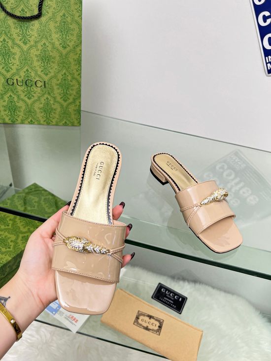 Gucci Patent Leather Slides with Crystal Leopard Decor