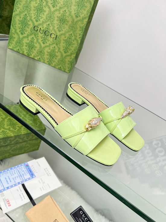Gucci Patent Leather Slides with Crystal Leopard Decor
