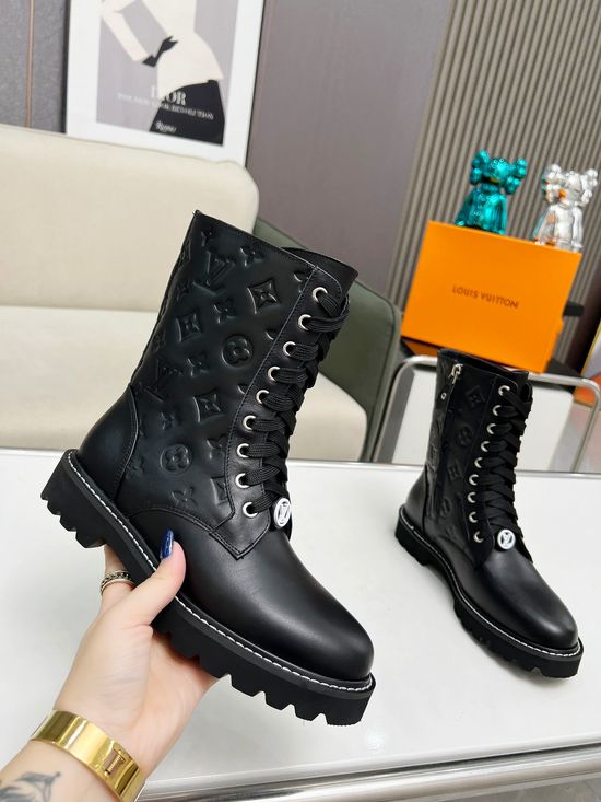 Louis Vuitton Genuine Leather Flat Ankle Boots Adjustable Fastening Side Zipper