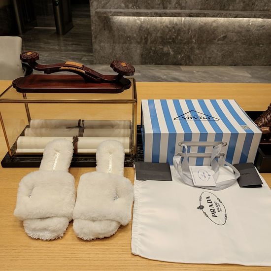 Prada Shearling Fur Lined Hook Loop Comfort Slippers With Decorative Buckle