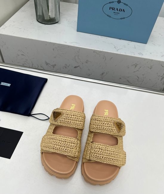 Prada Serated Woven Platform Sandals Rattan Upper Sheepskin Lining