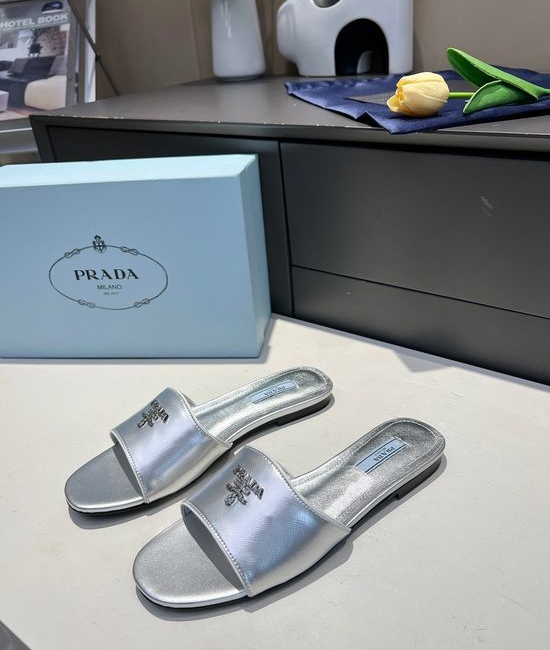 Prada Embossed Patent Leather Low Heel Slides