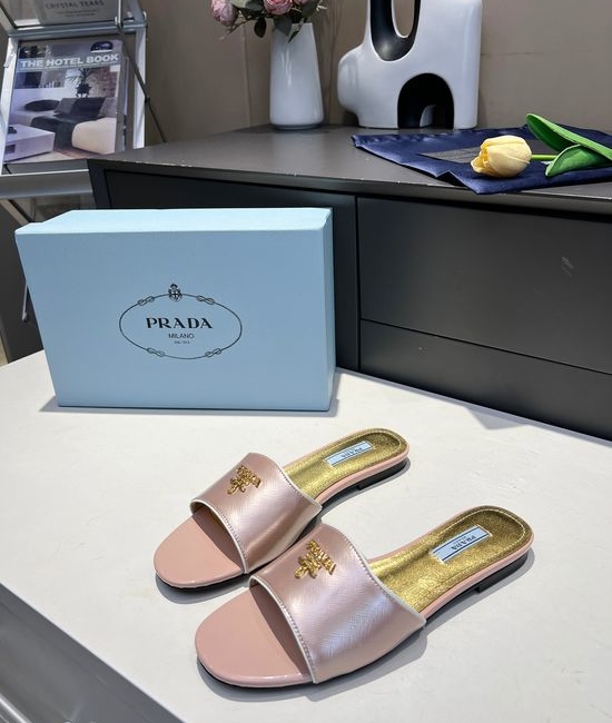 Prada Embossed Patent Leather Low Heel Slides