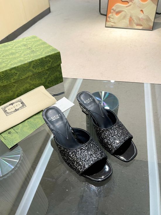 Gucci Metallic Heel High Heel Slide Sandals Glitter Upper