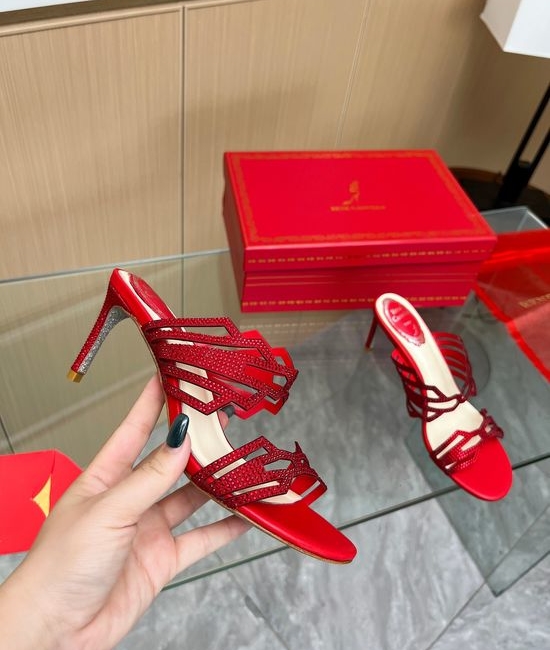 Rene Caovilla Elegant Crystal Embellished Heeled Sandals Shiny Sole Formal Occasion Shoes