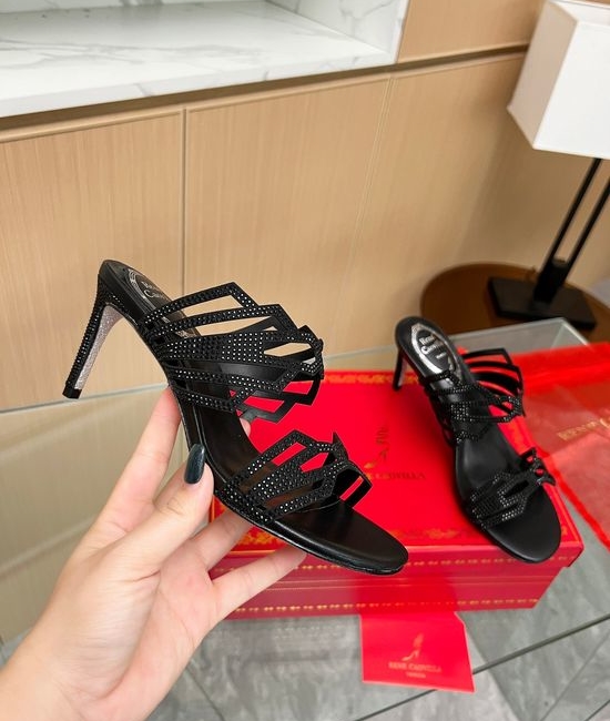 Rene Caovilla Rhinestone Embellished Peep Toe High Heel Mules
