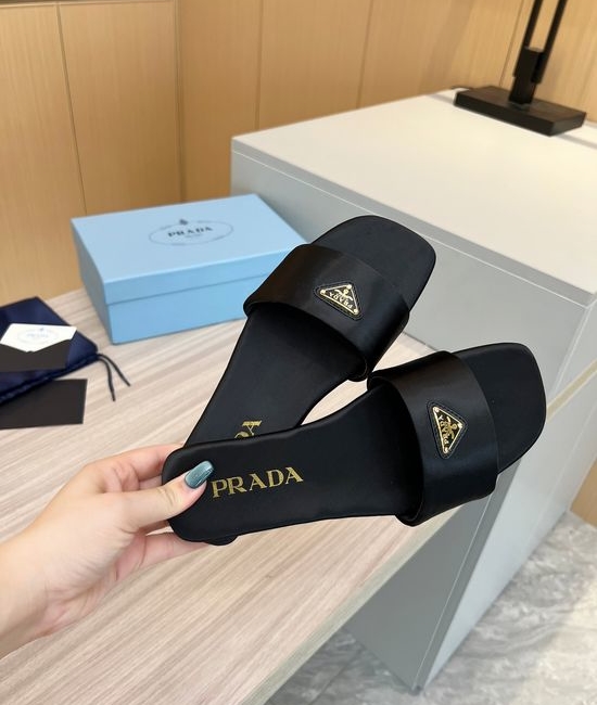 Prada Silk Upper Buckle Flats Lambskin Lining Leather Sole