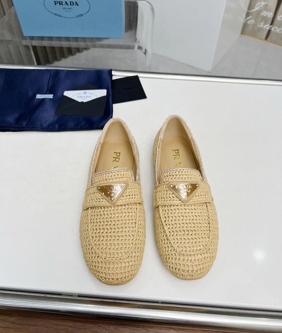 Prada Classic Flat Shoes Metal Logo Decor Rattan Upper Sheepskin Lining