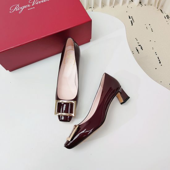 Roger Viver Burgundy Square Buckle Kitten Heel Pumps Premium Leather