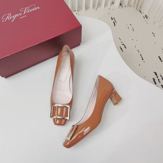Roger Viver Brown Square Buckle Kitten Heel Pumps Premium Leather