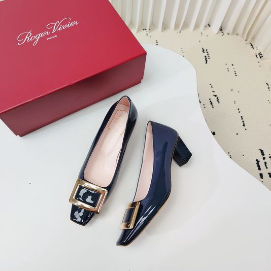Roger Viver Dark Blue Square Buckle Block Heel Pumps Premium Leather