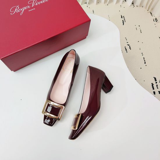 Roger Viver Burgundy Square Buckle Block Heel Pumps Premium Leather