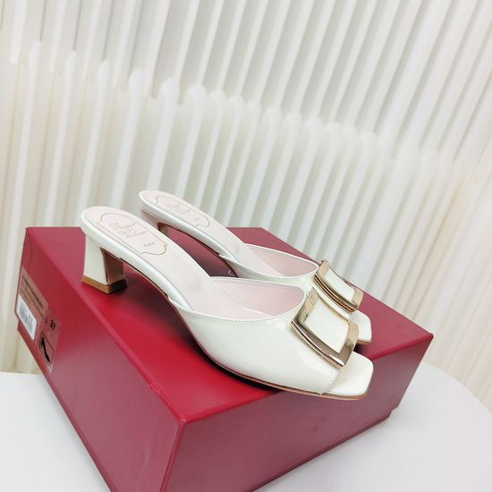Roger Viver Patent Leather Buckle Mid Heel Mule Slides