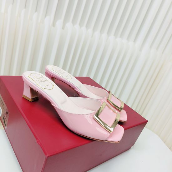 Roger Viver Patent Leather Buckle Mid Heel Mule Slides