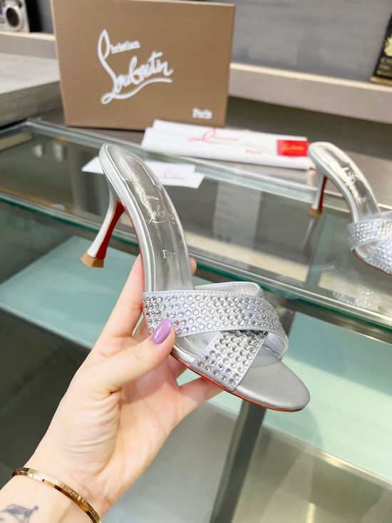 Christian Louboutine Rhinestone Silk Strap Stiletto Heel Mules Red Sole