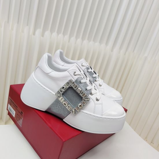 Roger Viver Rhinestone Buckle Leather Platform Elevator White Sneakers
