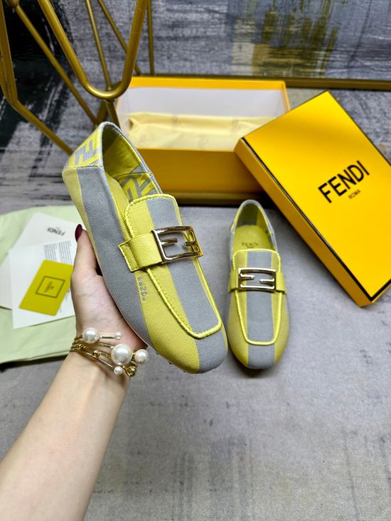 Fendi Canvas Loafers with Embroidery Trim and Metal Buckle