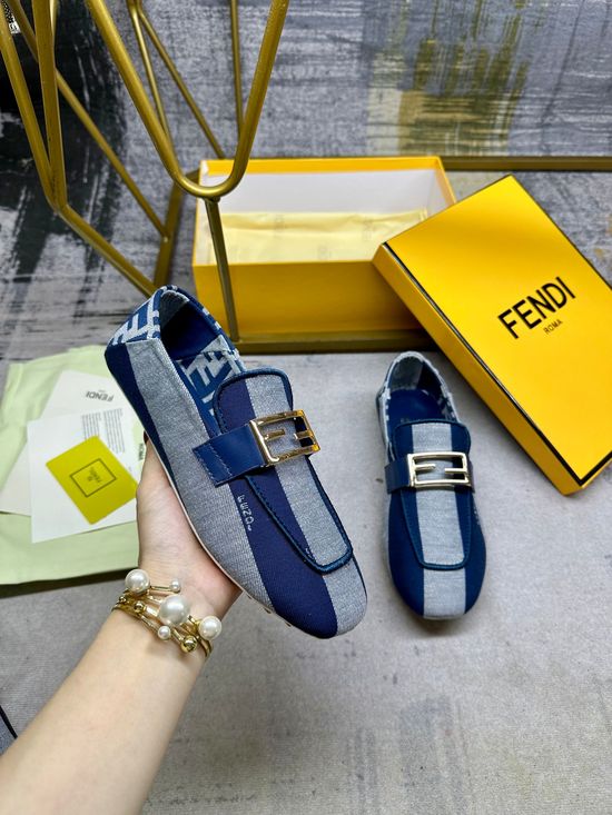 Fendi Canvas Loafers with Embroidery Trim and Metal Buckle