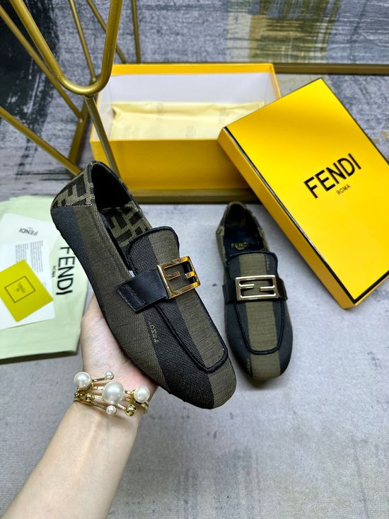 Fendi Canvas Loafers with Embroidery Trim and Metal Buckle
