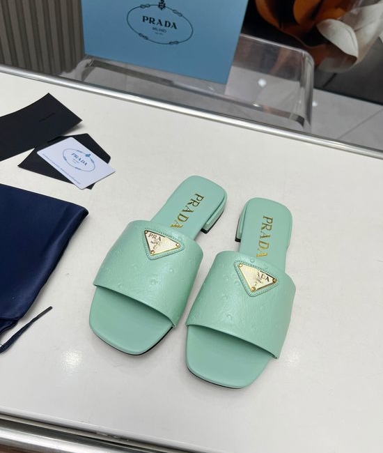 Prada Ostrich Pattern Leather Flat Sandals Multiple Colors