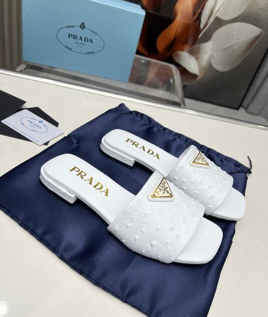 Prada Ostrich Pattern Leather Flat Sandals Multiple Colors