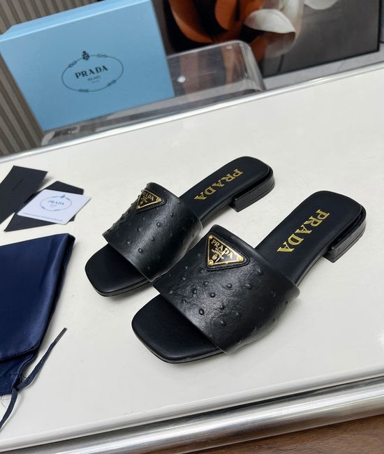 Prada Ostrich Pattern Leather Flat Sandals Multiple Colors