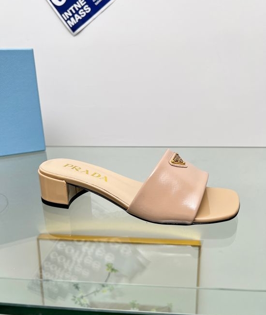 Prada Mid Heel Patent Leather Slides Comfortable Lining
