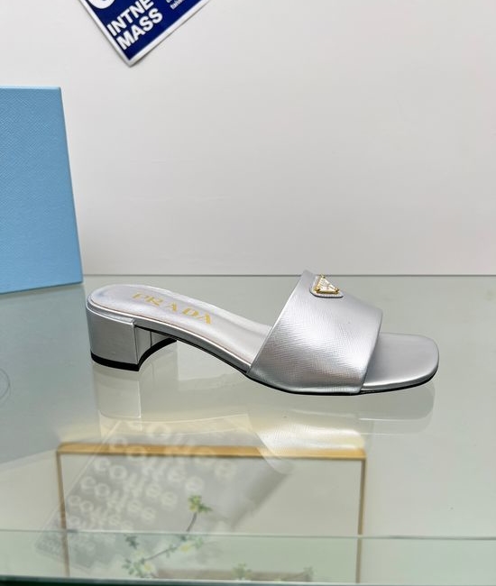 Prada Mid Heel Patent Leather Slides Comfortable Lining