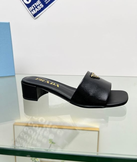 Prada Mid Heel Patent Leather Slides Comfortable Lining