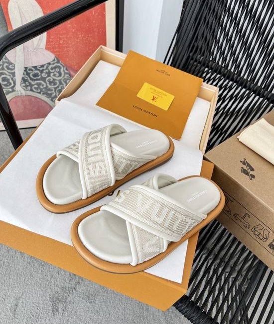 Louis Vuitton LV Premium Leather Logo Print Comfort Slides