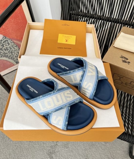 Louis Vuitton LV Premium Leather Logo Print Comfort Slides