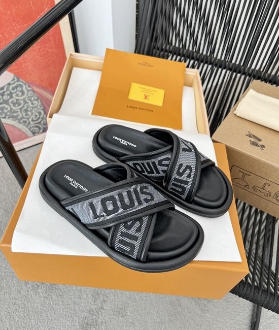 Louis Vuitton LV Premium Leather Logo Print Comfort Slides