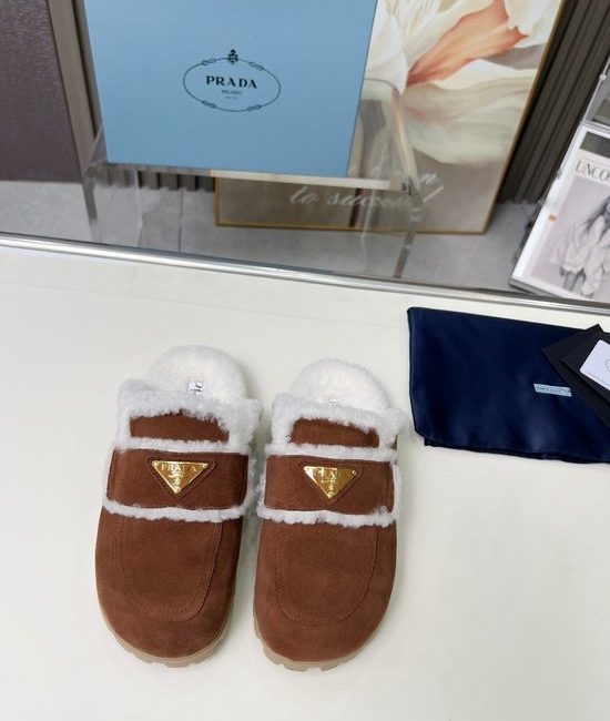 Prada Fuzzy Plush Slippers Soft Warm Anti-slip Sole