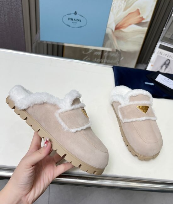 Prada Fuzzy Plush Slippers Soft Warm Anti-slip Sole
