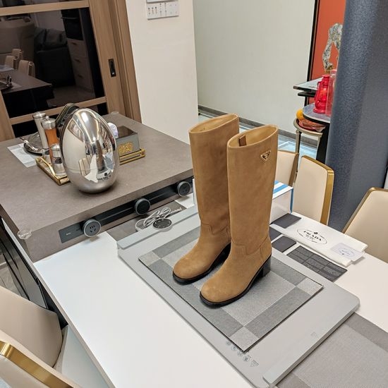 Prada Comfortable Suede Knee High Boots Chunky Heel Non-slip Sole