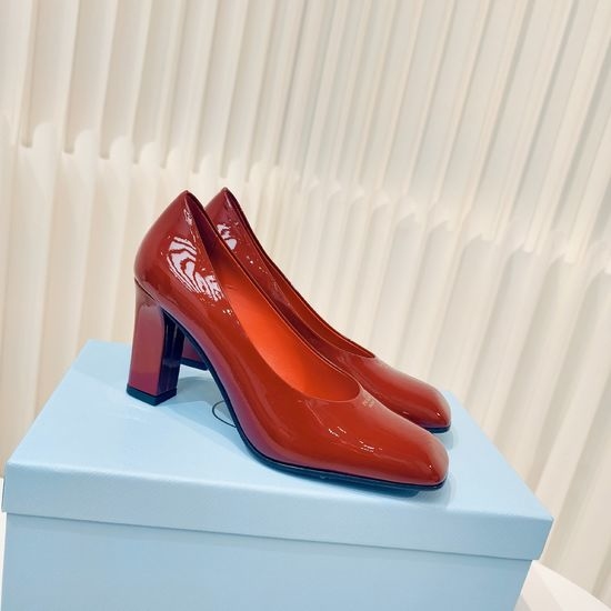 Prada Chunky Heel Square Toe Patent Leather Pumps